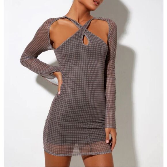 Motel Brown and Neutral Plaid Pattern with Cutouts and Sheer Sleeves Size Medium - Picture 1 of 11